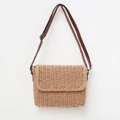 Beige Brown Ladies Shoulder Straw Bag Mini Woven Flip Sweet Pastoral Girls Bag