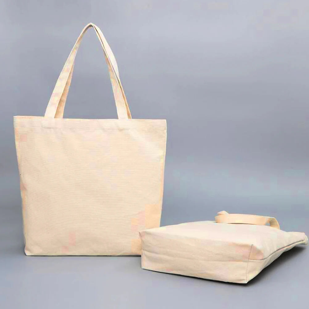 Beige Canvas Shopping Bags Eco Reusable Foldable Shoulder Bag Large Handbag