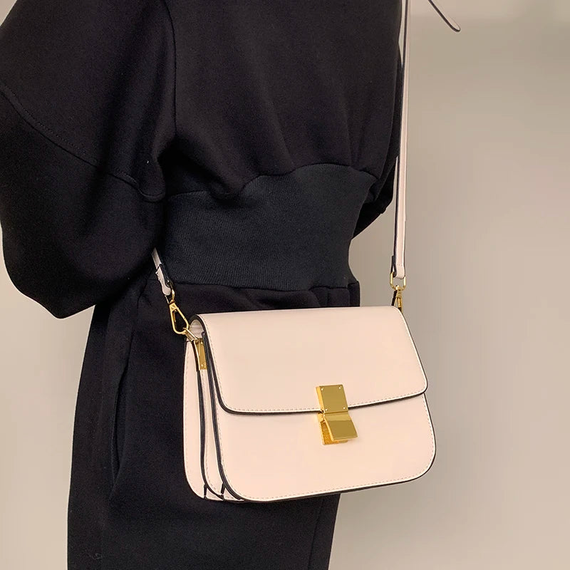 Beige Lock Shoulder Bag Lady Leather Bag Party Female Cross Body Bag