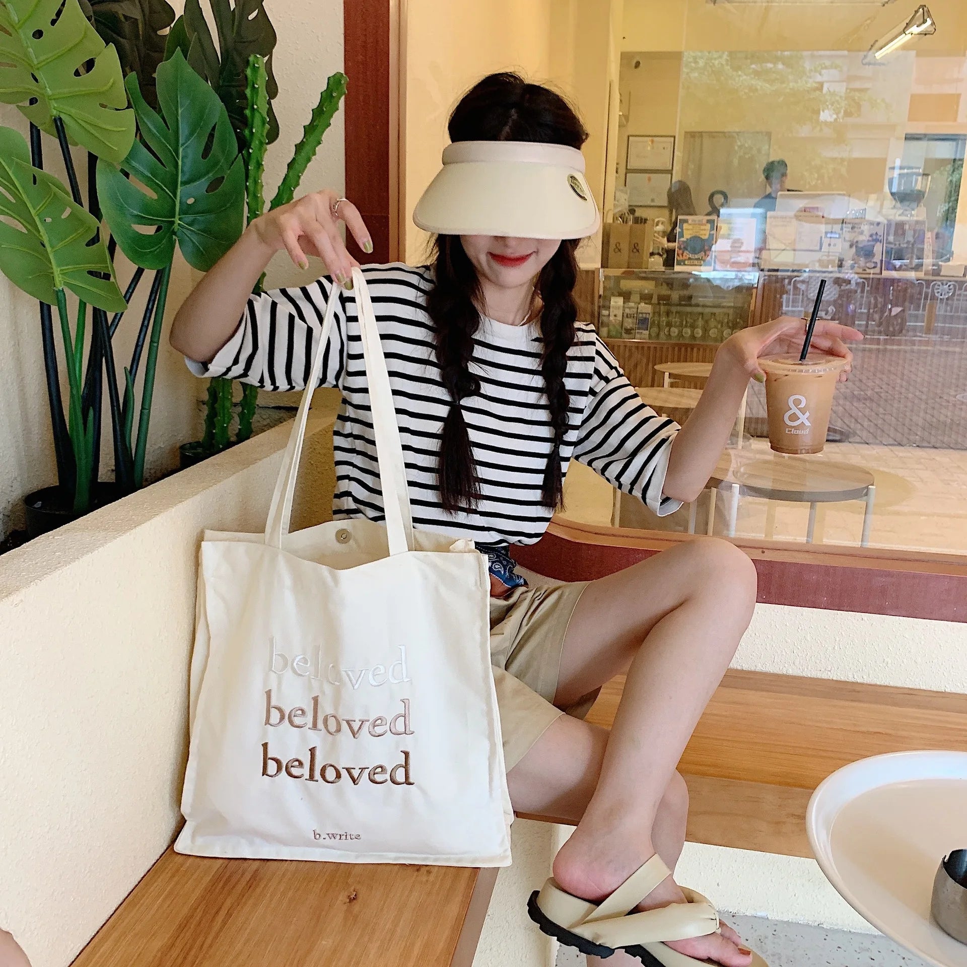Beloved Letter Embroidered Women Canvas Tote Bag Large Shopping Bag