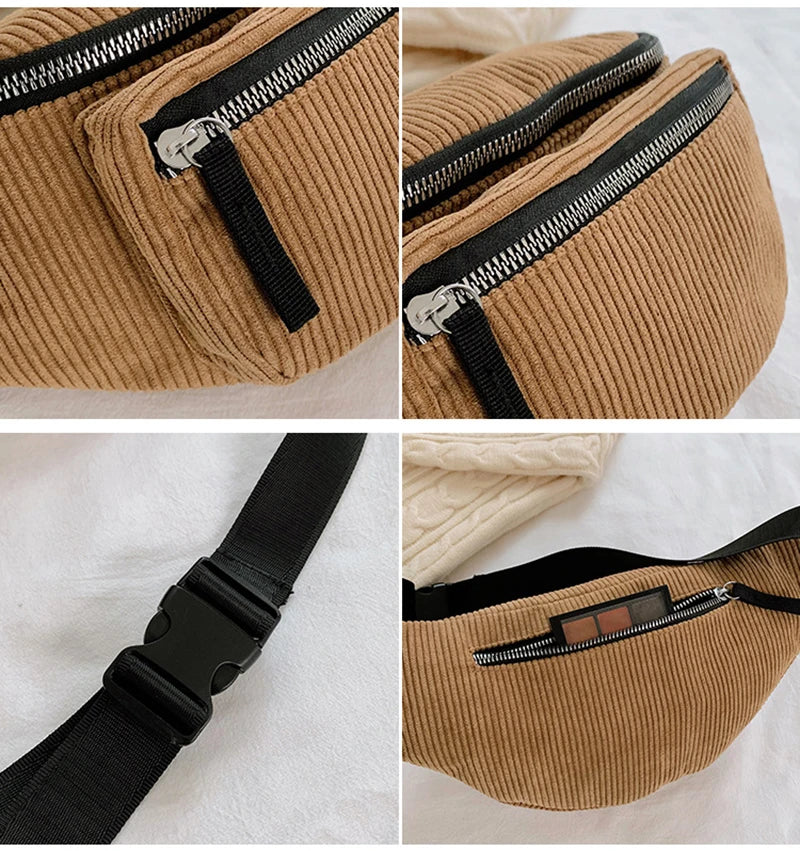 Corduroy Waist Bag for Women Retro Style Zipper Chest Bag