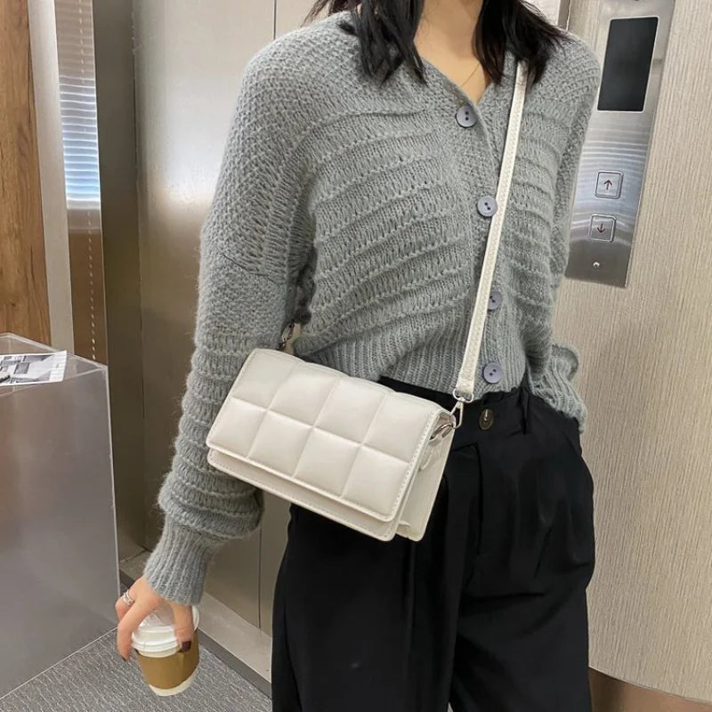 Checkered Flap Women Leather Handbag Crossbody Bag
