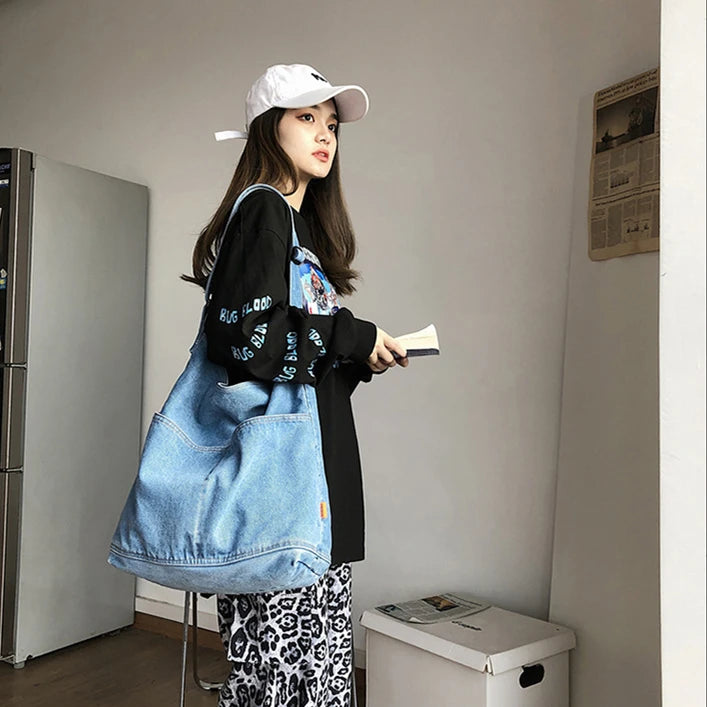 Denim Fabric Hobo Shoulder Bag Student Jeans Large Slouchy Pouch