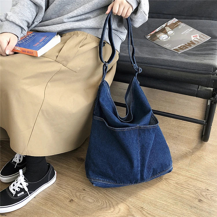 Denim Fabric Hobo Shoulder Bag Student Jeans Large Slouchy Pouch