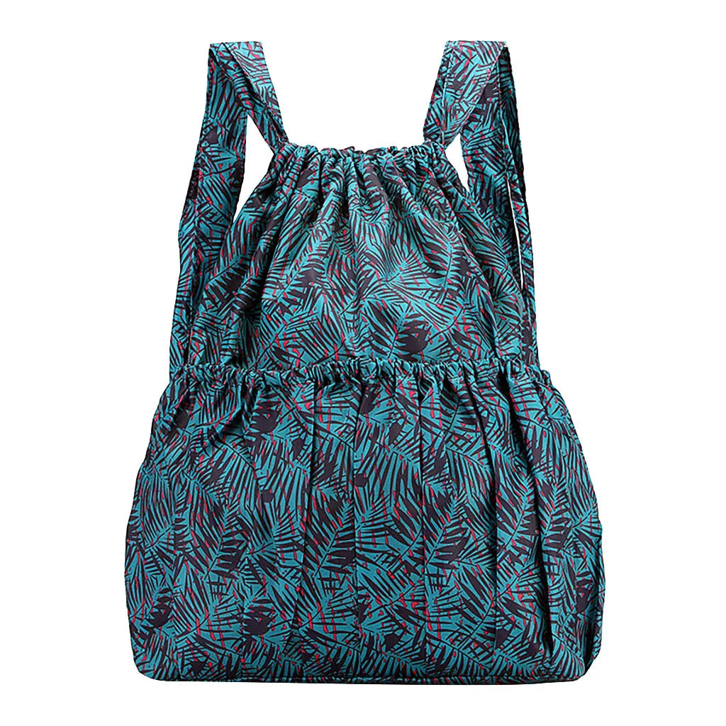 Vintage Drawstring Backpack Large Capacity Flower Waterproof Nylon Rucksack