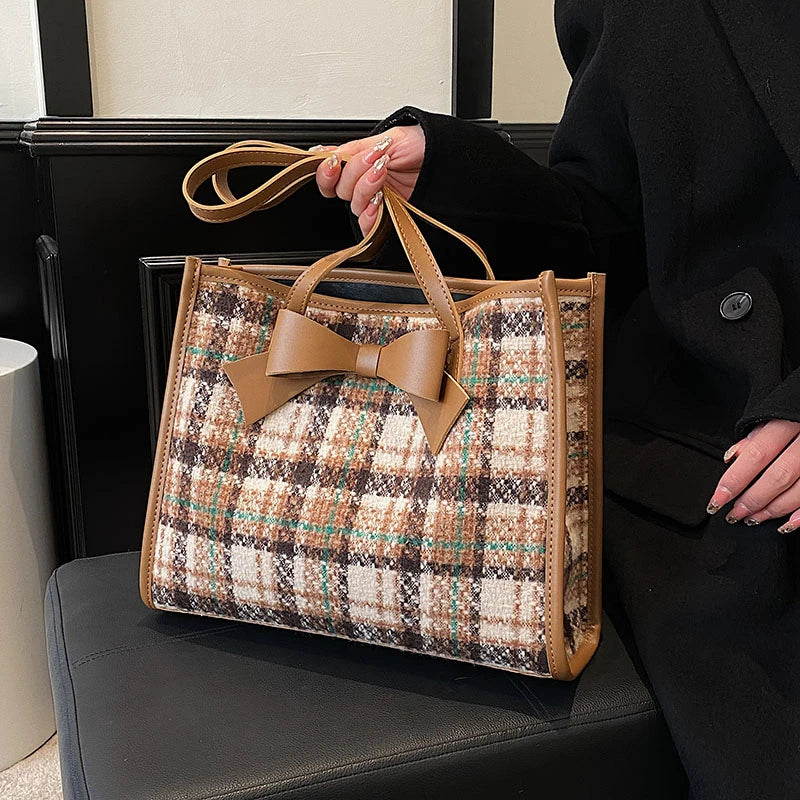Classical Woolen Cloth Totes Bags Women Shoulder Handbags Bow Handbag