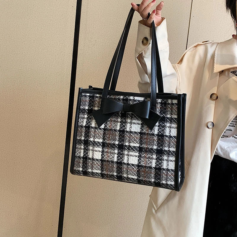 Classical Woolen Cloth Totes Bags Women Shoulder Handbags Bow Handbag