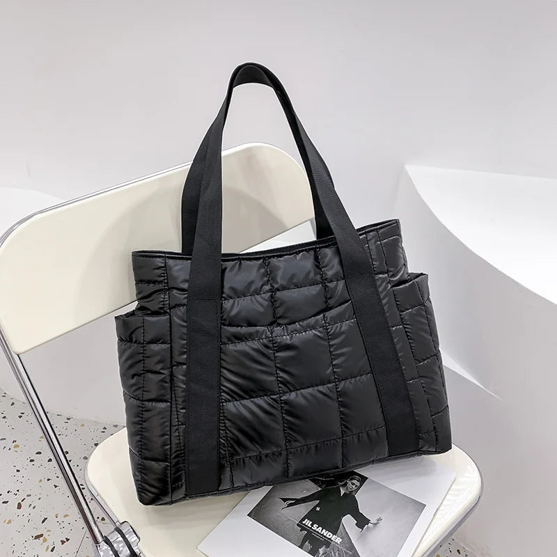 Nylon Shoulder Bags for Women Down Feather Tote Bag Plaid Quilted Handbag