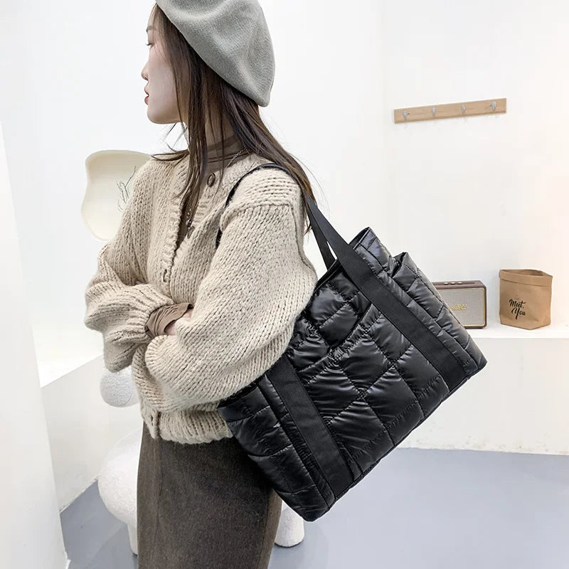 Nylon Shoulder Bags for Women Down Feather Tote Bag Plaid Quilted Handbag