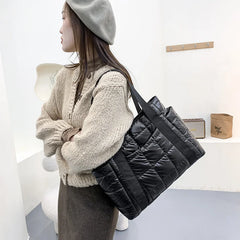 Nylon Shoulder Bags for Women Down Feather Tote Bag Plaid Quilted Handbag