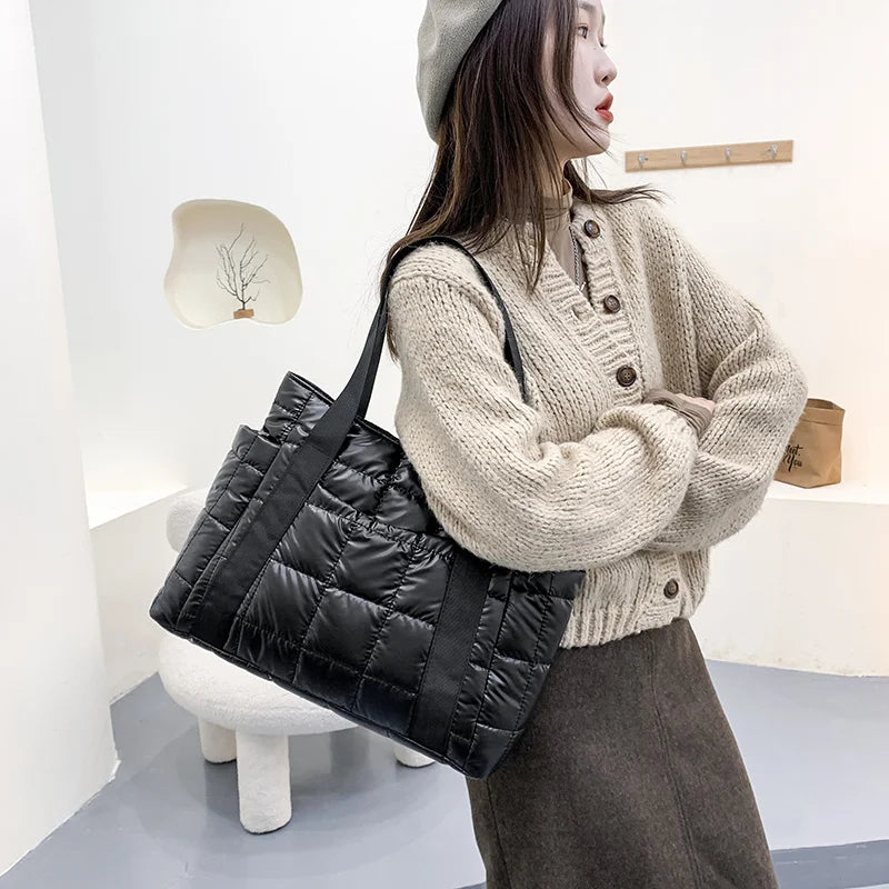 Nylon Shoulder Bags for Women Down Feather Tote Bag Plaid Quilted Handbag