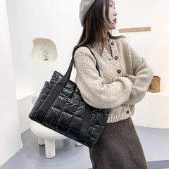 Nylon Shoulder Bags for Women Down Feather Tote Bag Plaid Quilted Handbag