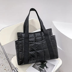 Nylon Shoulder Bags for Women Down Feather Tote Bag Plaid Quilted Handbag
