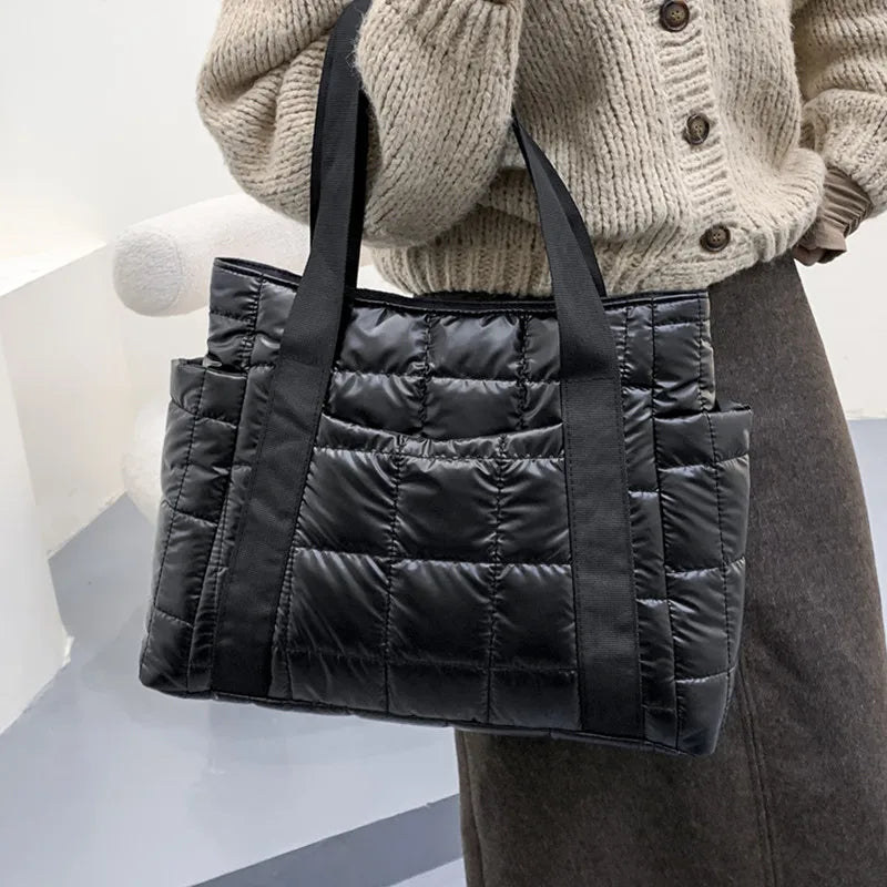 Nylon Shoulder Bags for Women Down Feather Tote Bag Plaid Quilted Handbag