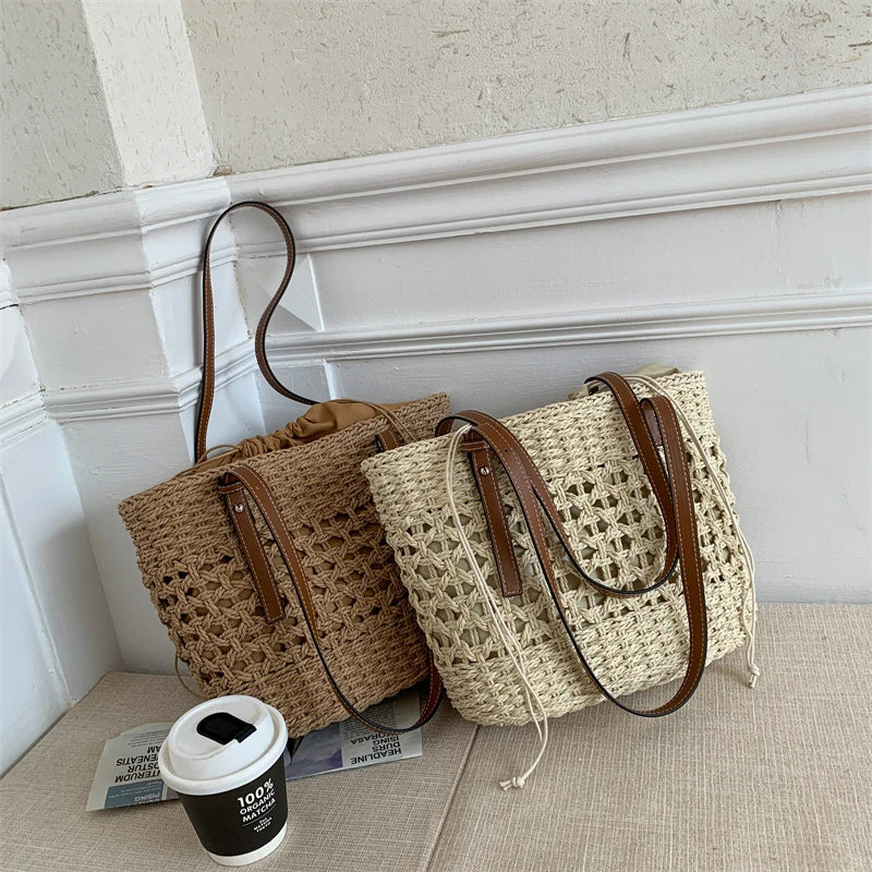 Straw Bucket Bag Women Weave Beach Basket Shoulder Bags