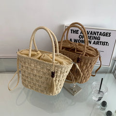 Straw Bucket Bag Summer Weave Beach Basket Top Handle Tassel