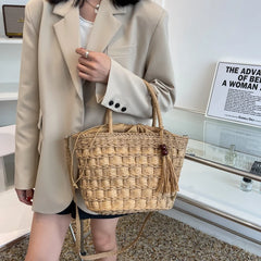 Straw Bucket Bag Summer Weave Beach Basket Top Handle Tassel