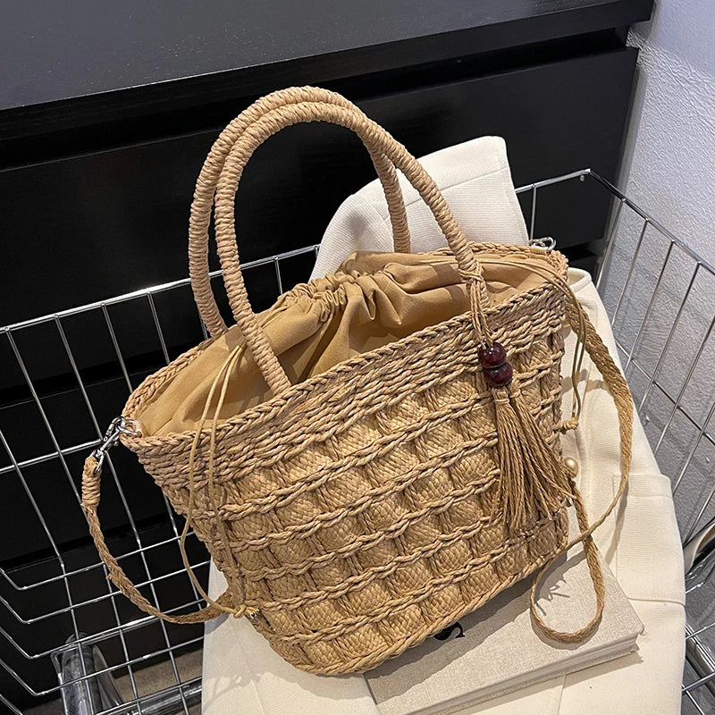 Straw Bucket Bag Summer Weave Beach Basket Top Handle Tassel