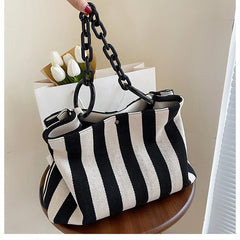 Stripes Canvas Shoulder Bag Women Tote Female Handbags