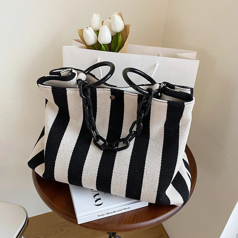 Stripes Canvas Shoulder Bag Women Tote Female Handbags