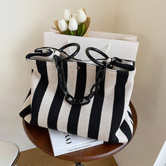 Stripes Canvas Shoulder Bag Women Tote Female Handbags