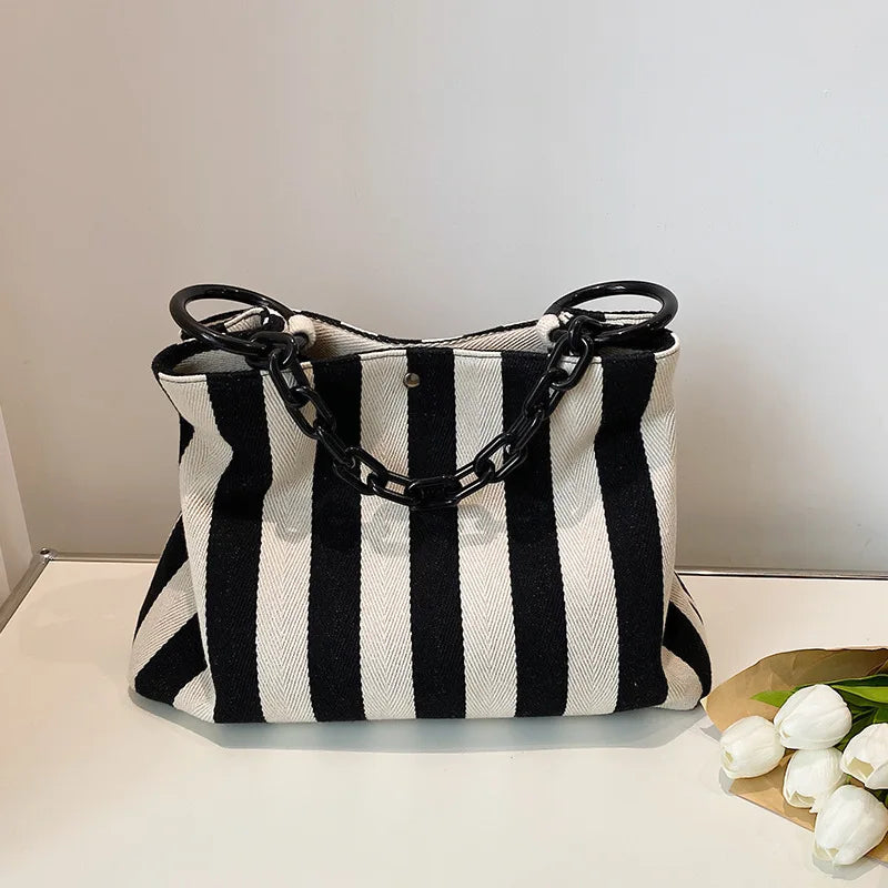 Stripes Canvas Shoulder Bag Women Tote Female Handbags
