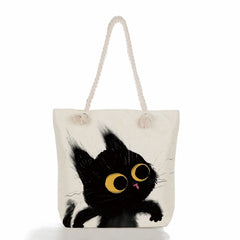 Cat Print Handbags Linen Thick Rope Women Tote Bag High Capacity