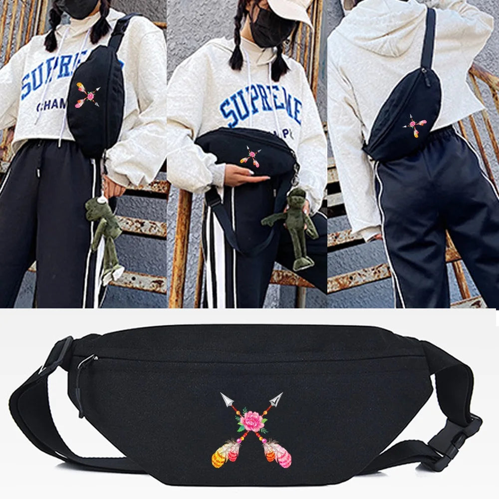 Feather Print Waist Bag Unisex Sport Chest Pouch Running Travel Phone Purse