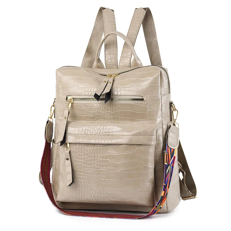 Khaki Women Zipper Ladies Backpack PU Leather School Bags Crossbody Shoulder