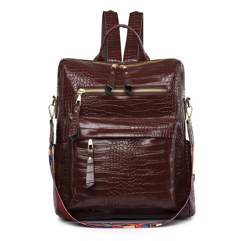 Khaki Women Zipper Ladies Backpack PU Leather School Bags Crossbody Shoulder