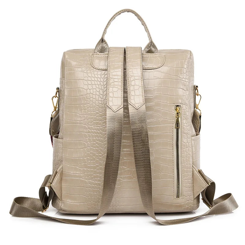 Khaki Women Zipper Ladies Backpack PU Leather School Bags Crossbody Shoulder