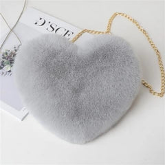 Faux Fur Chain Crossbody Bag Heart Shaped Girls Princess Winter Plush Women