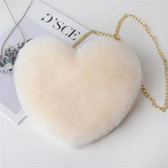 Faux Fur Chain Crossbody Bag Heart Shaped Girls Princess Winter Plush Women