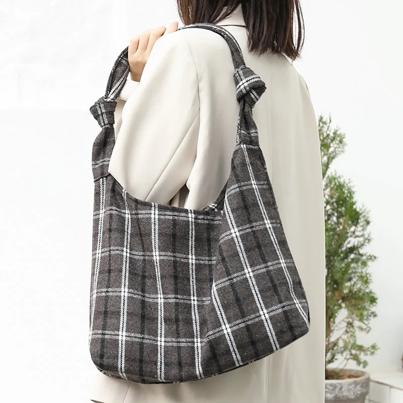 Plaid Women Shoulder Bag Soft Cloth Handbag Large Capacity Tote BG1438