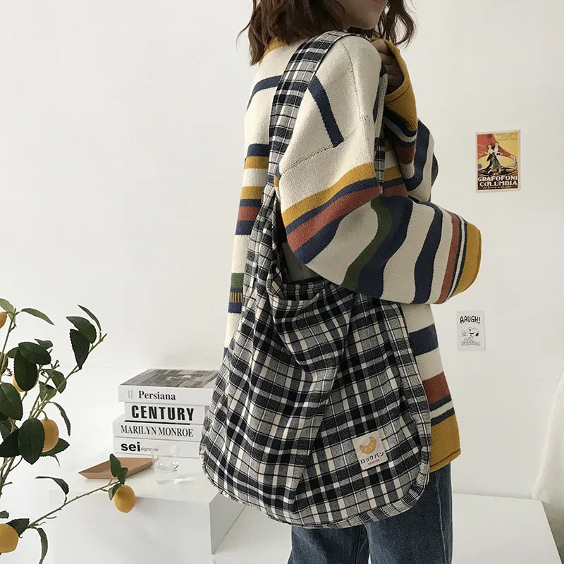 Plaid Women Shoulder Bag Soft Cloth Fabric Handbag Large Capacity Tote Sanded Ca