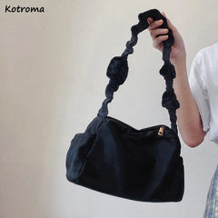 Y2k Pleated Shoulder Bag Women Zipper Underarm Handbag Solid Nylon