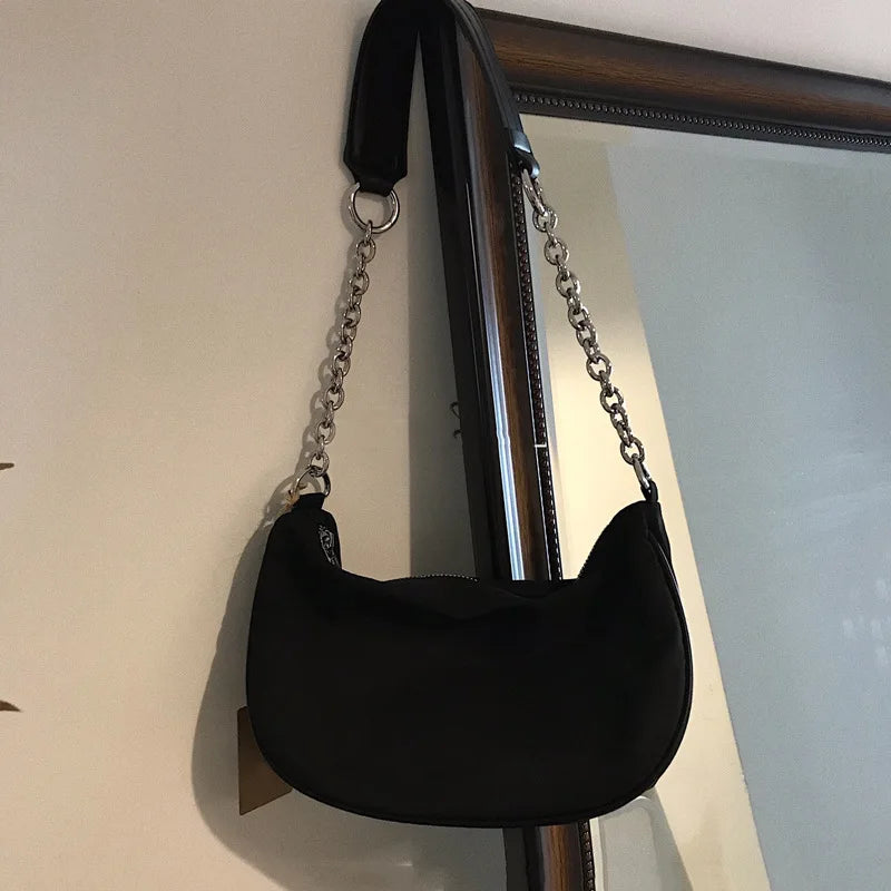 Women Chain Zipper Crossbody Tote Retro Minimalist Style Handbag