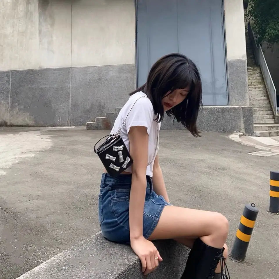 Silver Bow Harajuku Style Women Bag Metal Chain Crossbody