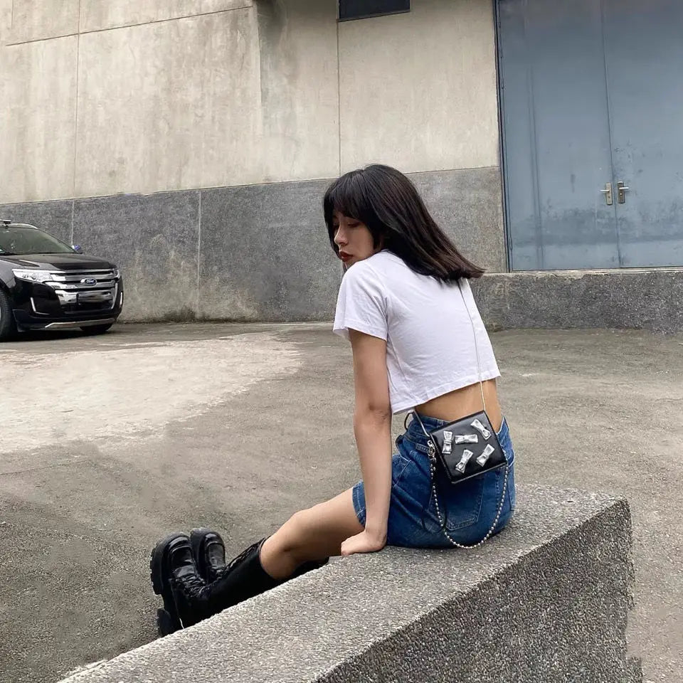 Silver Bow Harajuku Style Women Bag Metal Chain Crossbody
