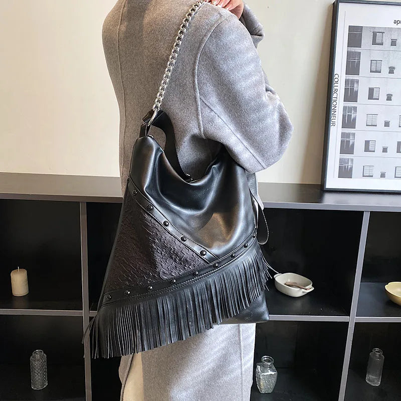 Soft Leather Tassel Handbag Shoulder Bag Large Capacity Top Handle Tote