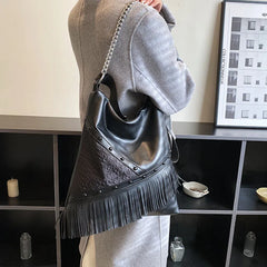 Soft Leather Tassel Handbag Shoulder Bag Large Capacity Top Handle Tote
