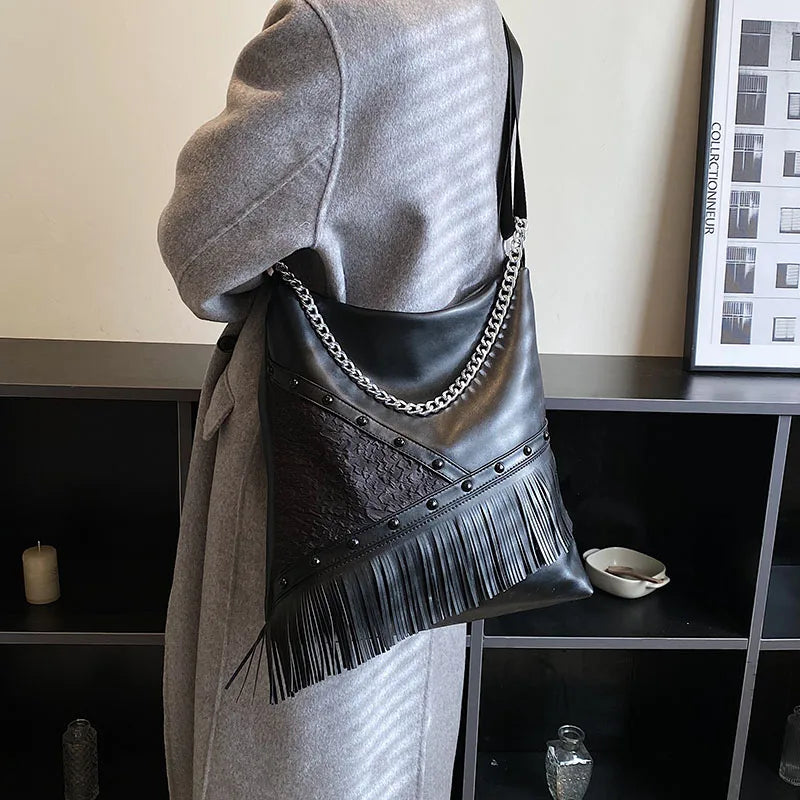 Soft Leather Tassel Handbag Shoulder Bag Large Capacity Top Handle Tote