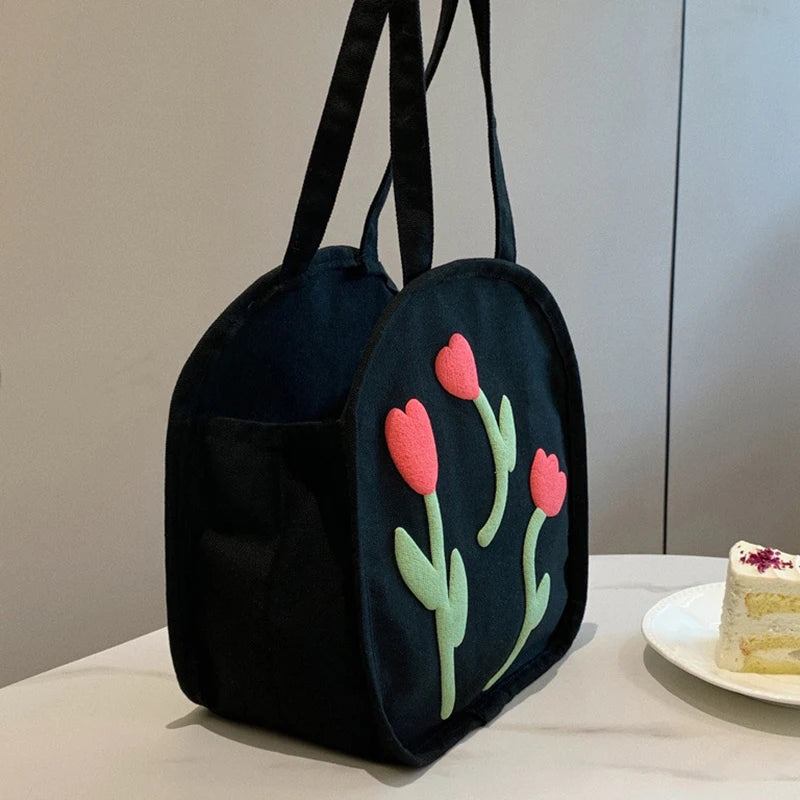 Tulip Shoulder Bag for Girls Summer Canvas Flower Tote Handbags