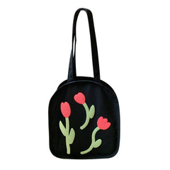 Tulip Shoulder Bag for Girls Summer Canvas Flower Tote Handbags
