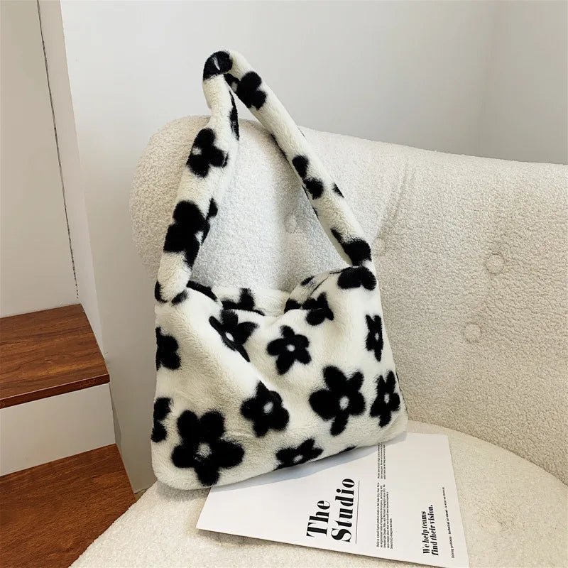 Flower Plush Bag For Women Winter Underarm Bag