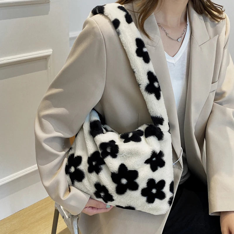 Flower Plush Bag For Women Winter Underarm Bag