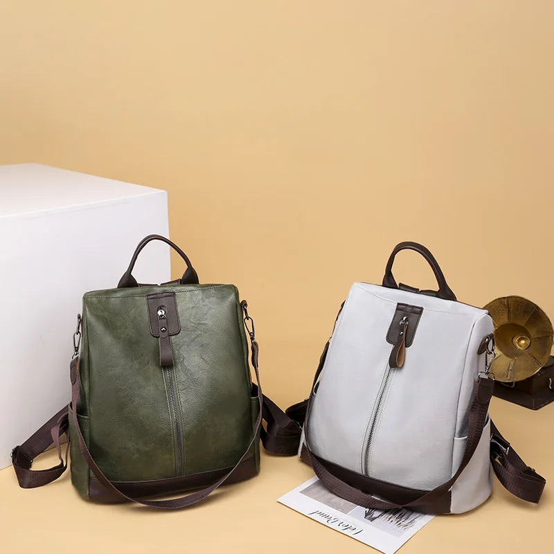 Striped Bags Women Zipper Backpack PU Leather School Crossbody Shoulder