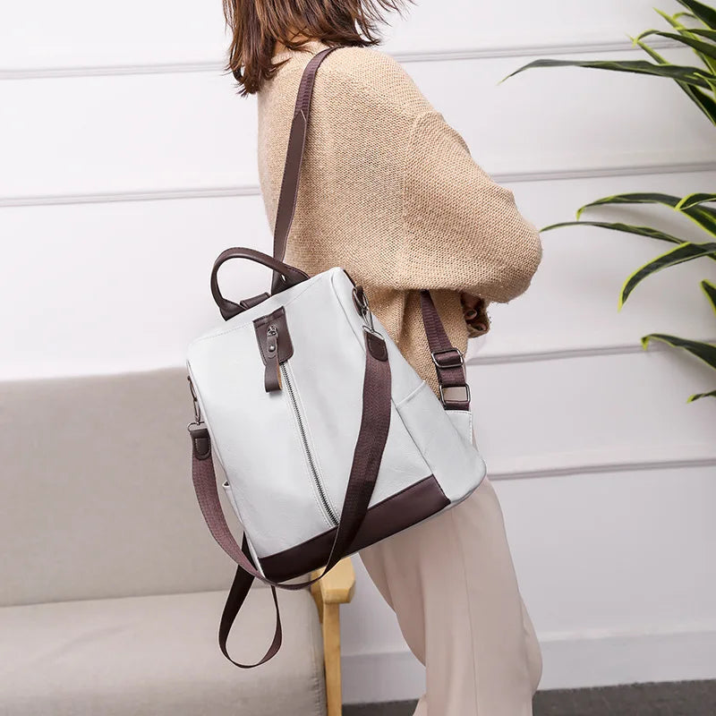 Striped Bags Women Zipper Backpack PU Leather School Crossbody Shoulder