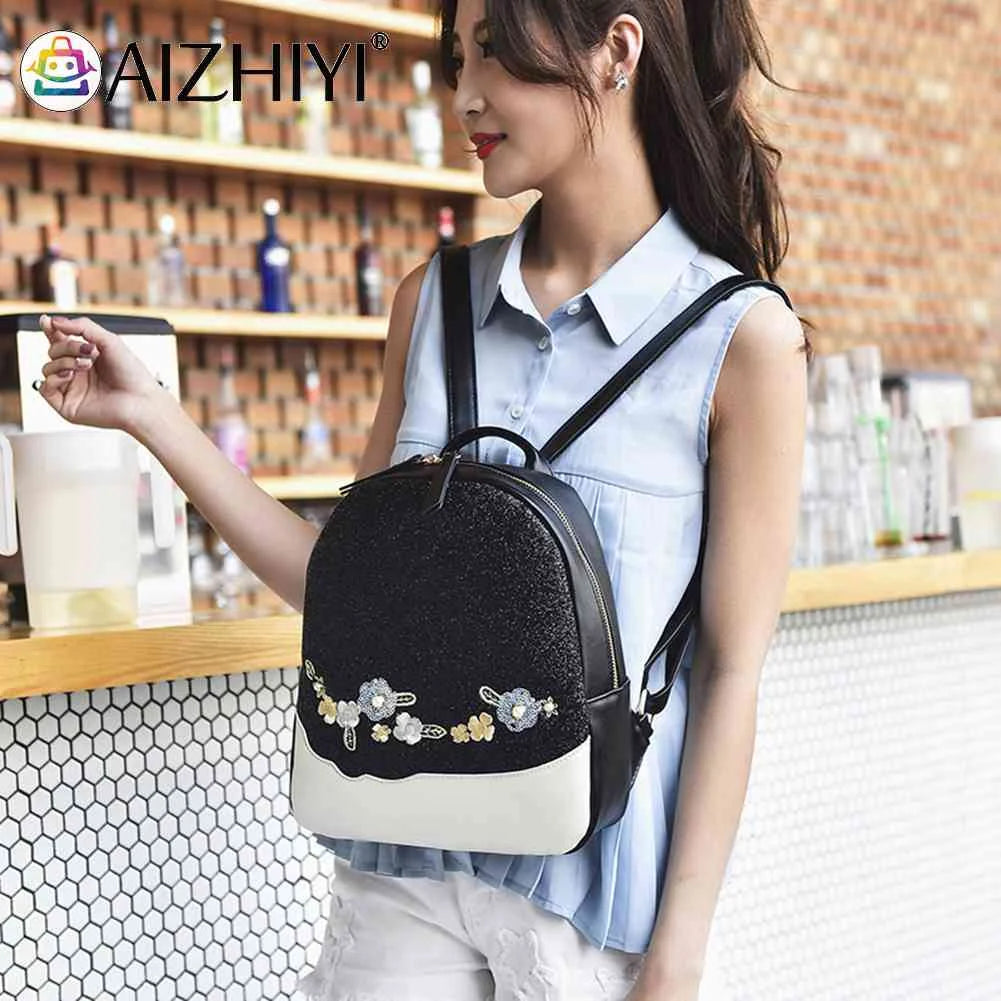 Sequin Backpack Floral Travel School Bags High Shine Handbag