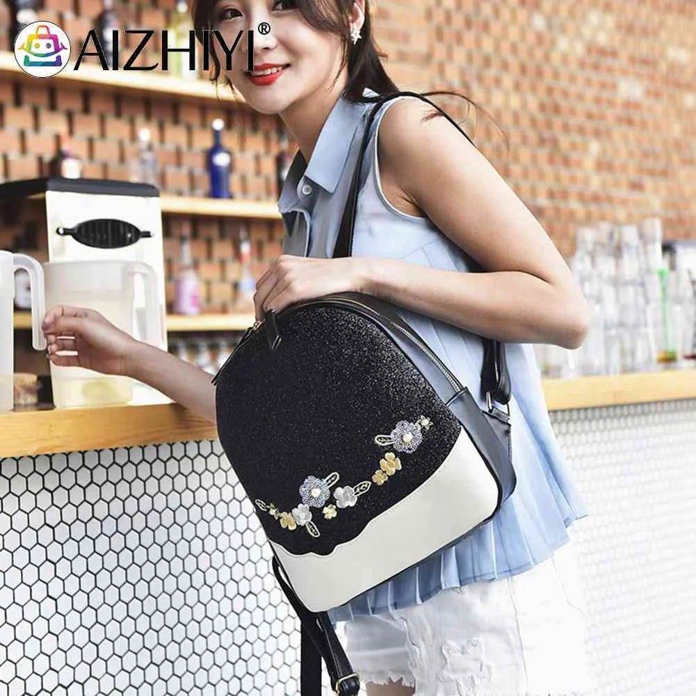 Sequin Backpack Floral Travel School Bags High Shine Handbag